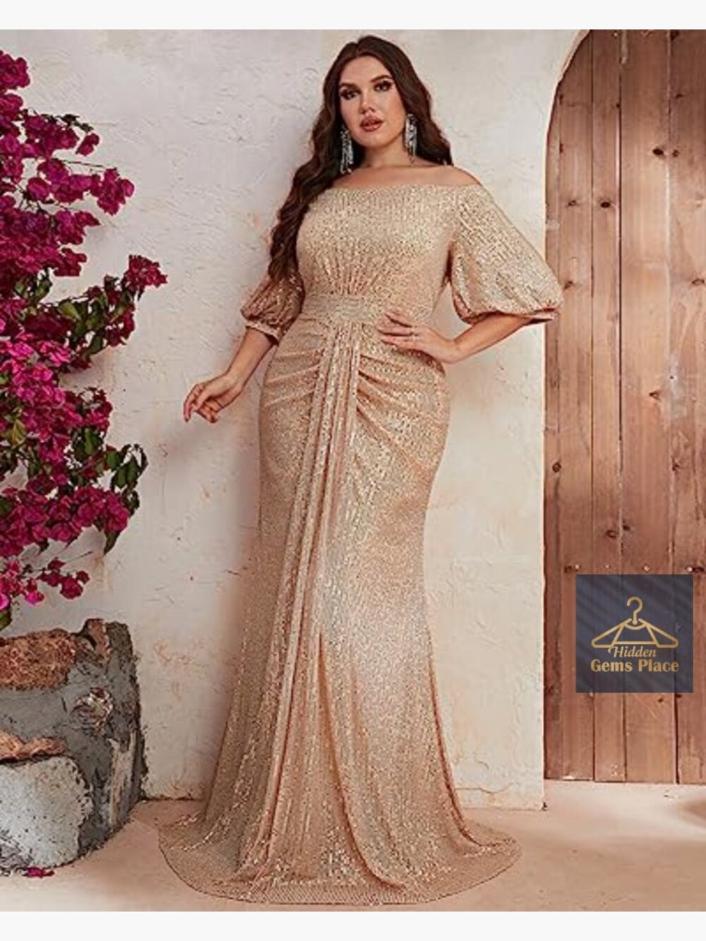 Plus Size Off Shoulder Puff Sleeve Sequin Maxi Dress Formal Evening Gown - Picture 3 of 6